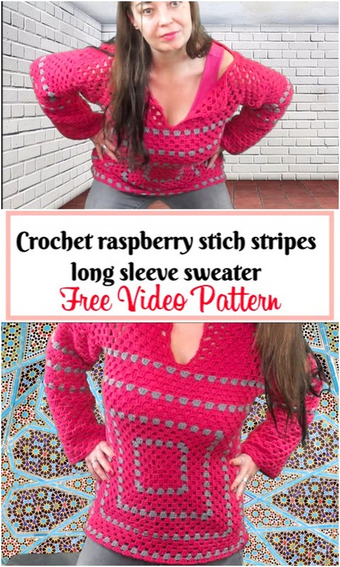 Crochet raspberry stich stripes long sleeve sweater