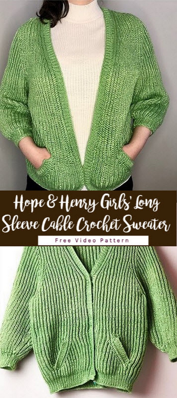 Hope & Henry Girls' Long Sleeve Cable Crochet Sweater