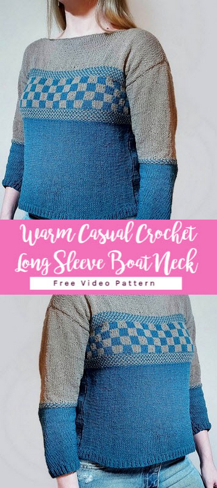 Warm Casual Crochet Long Sleeve Boat Neck
