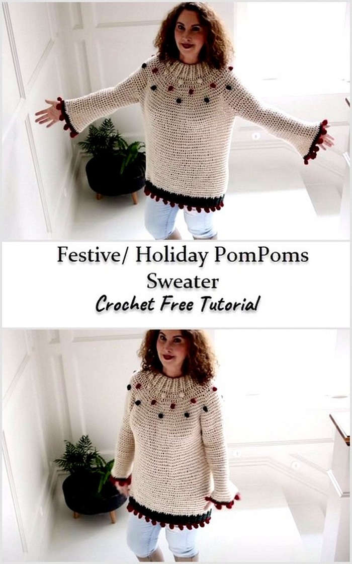 Festive Holiday PomPoms Sweater Free Crochet Tutorial