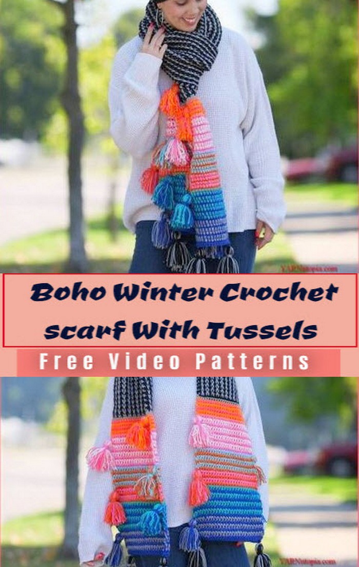 Boho Winter Crochet scarf With Tussles