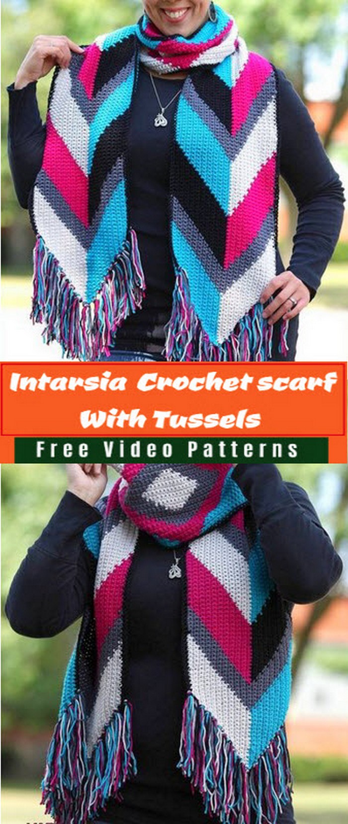 Intarsia Crochet scarf With Tussles