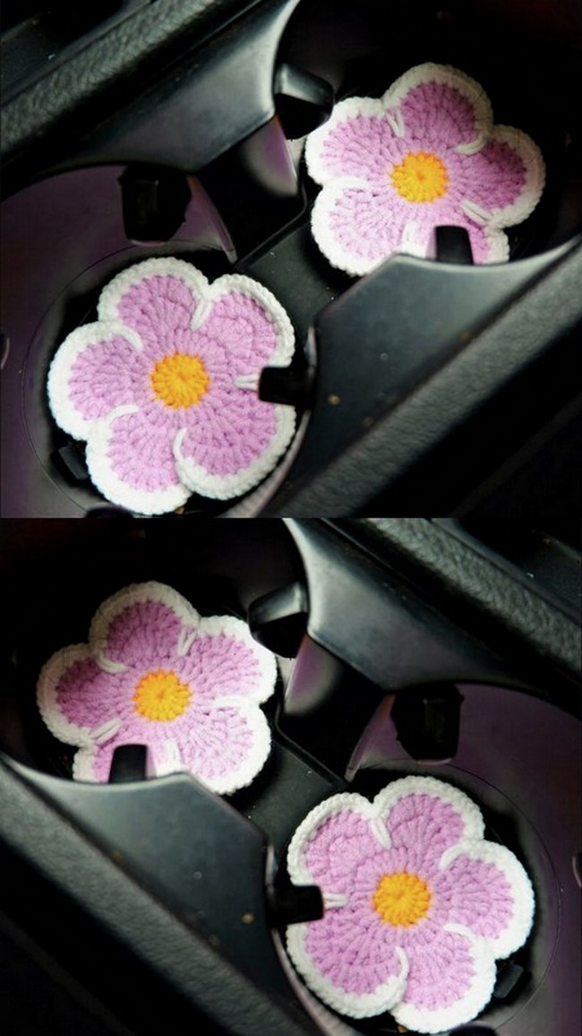 Flower Crochet Car Coasters for Cup Holders