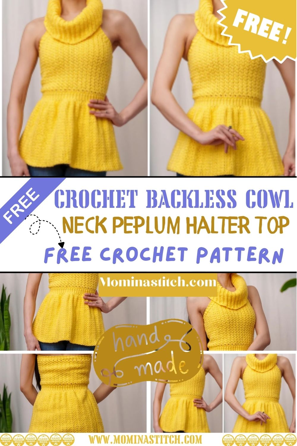Crochet Backless Cowl Neck Peplum Halter Top Pattern