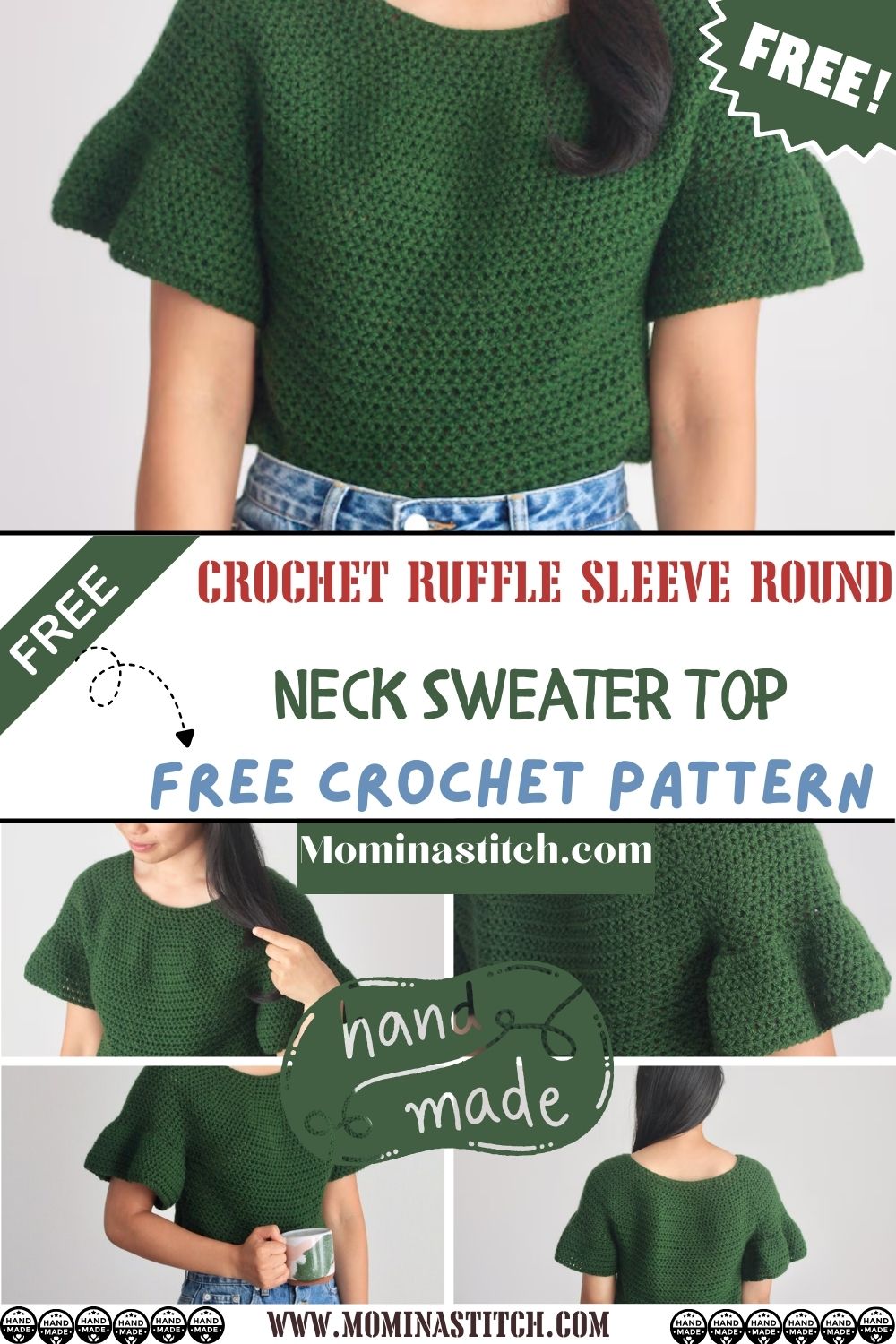 Crochet Ruffle Sleeve Round Neck Sweater Top Pattern