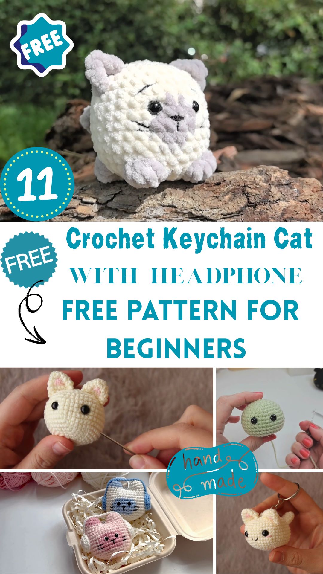 Crochet Keychain Cat with Headphone Free Pattern for Beginners