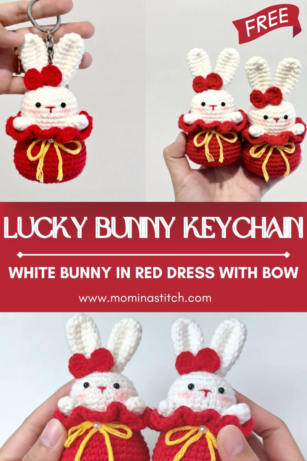 Crochet Lucky Bunny Keychain Pattern White Bunny in Red Dress with Bow