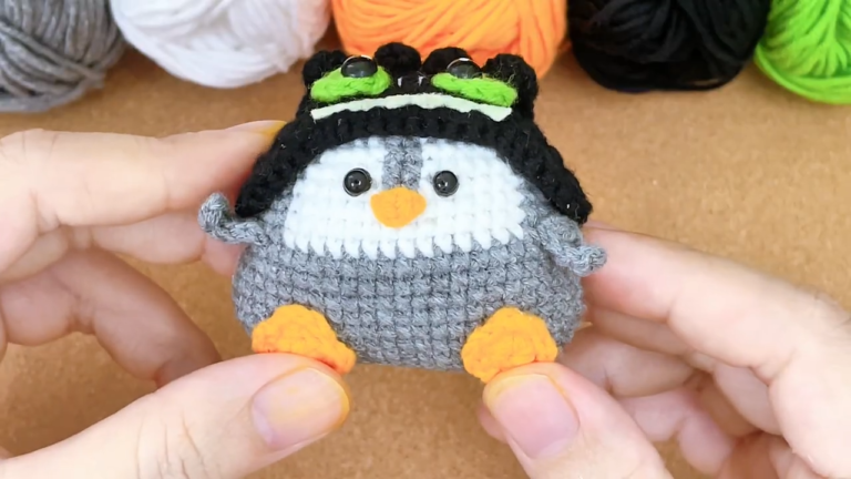 Crochet Penguin Wearing a Funny Monster Hat Beginner Amigurumi Patterns