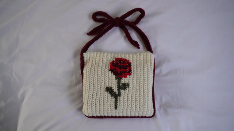 Crochet Rose Tote Bag in Cream & Burgundy Pattern + Cross-Stitch Rose Motif