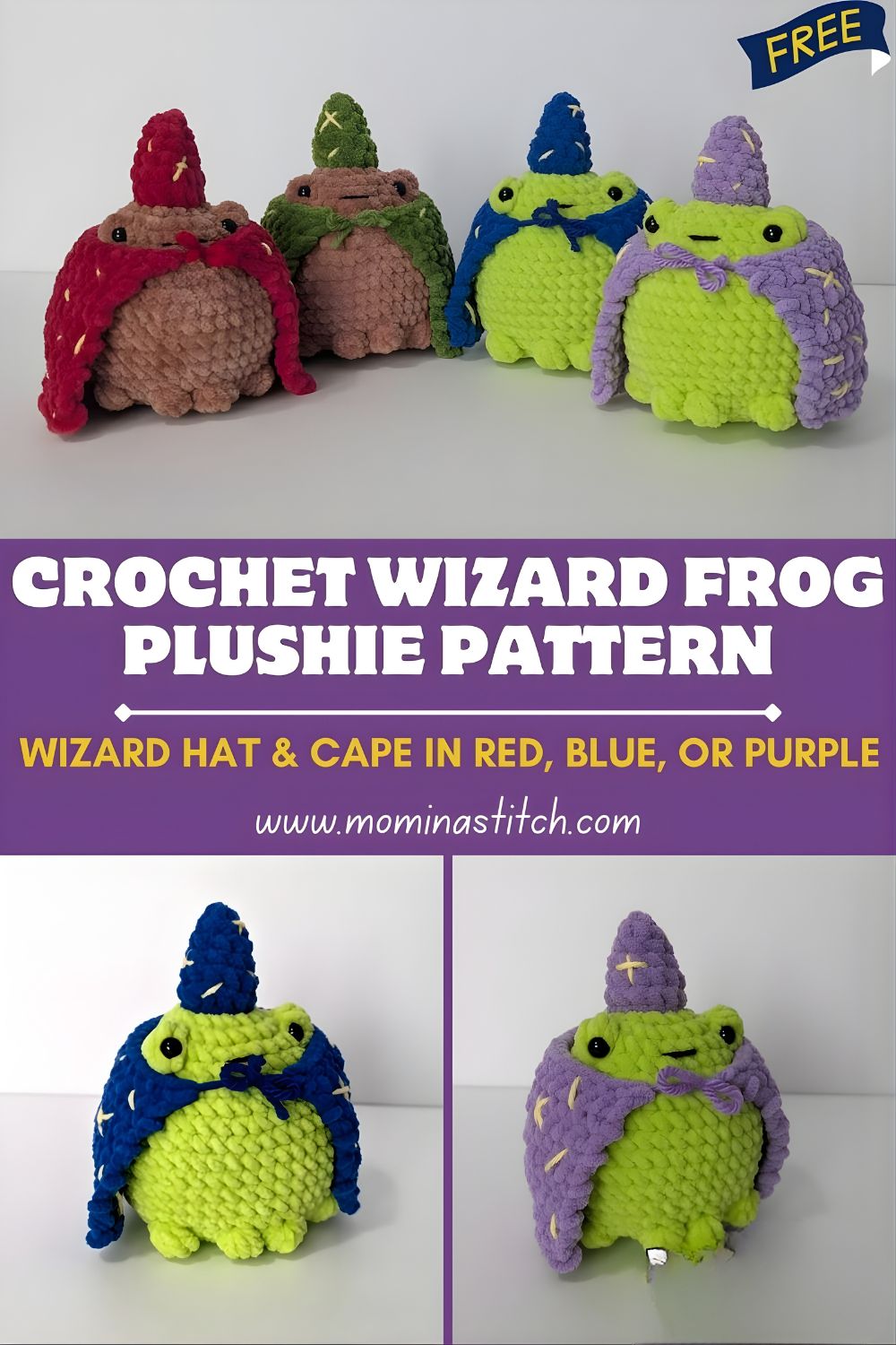 Crochet Wizard Frog Plushie Pattern + Wizard Hat & Cape in Red, Blue, or Purple