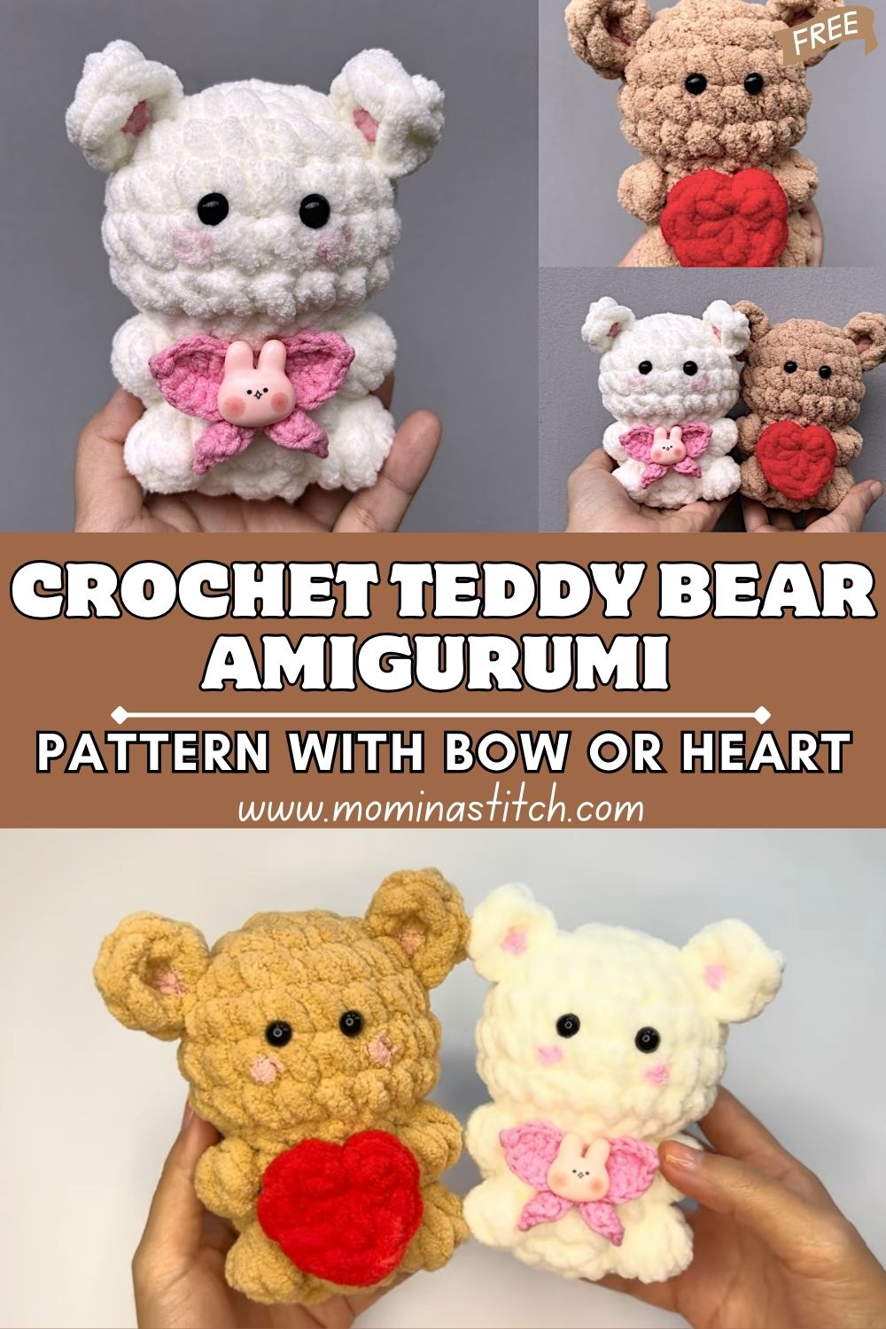 Easy Plush Crochet Teddy Bear Amigurumi Pattern With Bow Or Heart