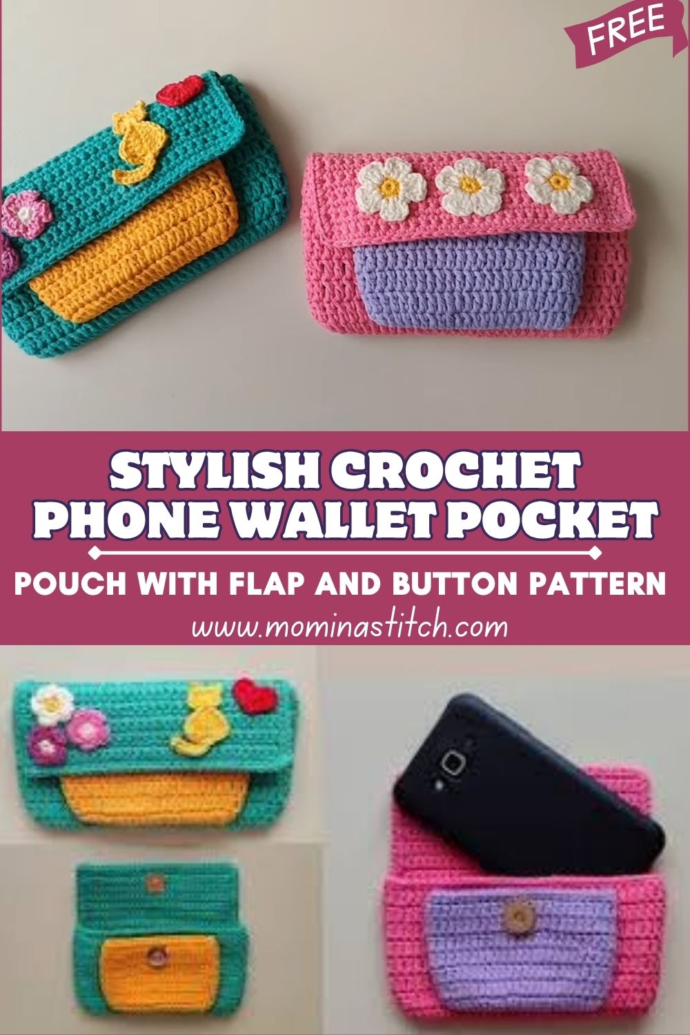 Stylish Crochet Phone Wallet Pocket Pouch With Flap and Button Pattern For Beginner