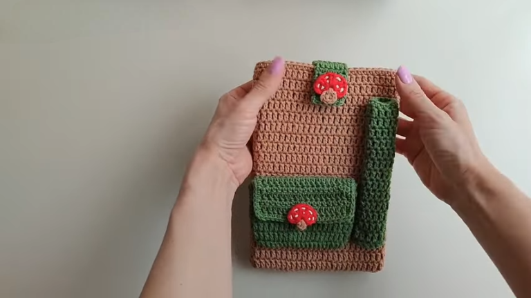 Style Crochet Book Cover Pattern With Pocket Strap and Mushroom Applique