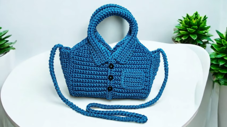 Crochet Shirt Bag With Collar Pocket Buttons and Long Strap For Learners