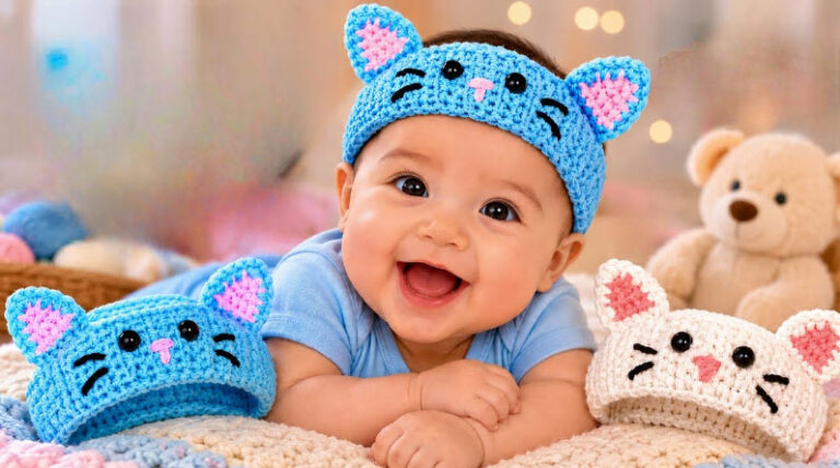 Crochet Cat Face Baby Headband Pattern with floral trim