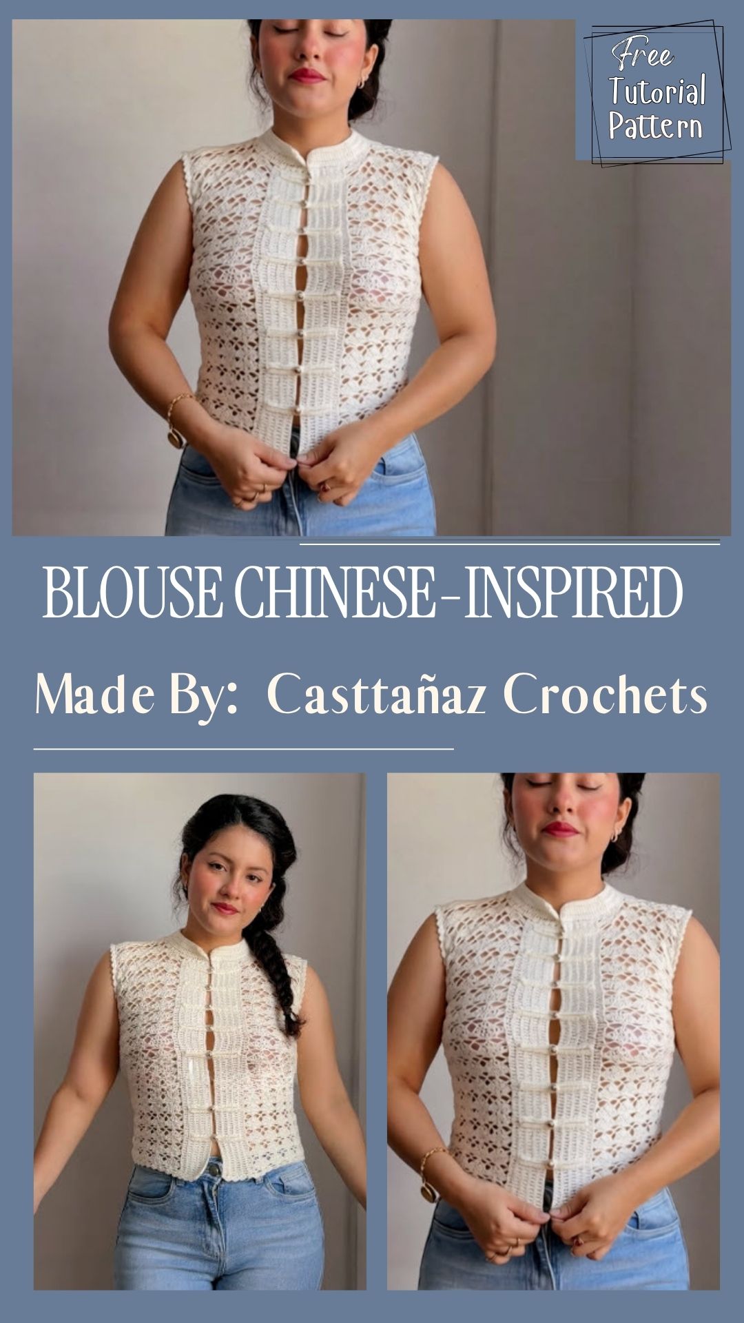 Crochet Blouse Chinese-inspired Pattern with traditional collar
