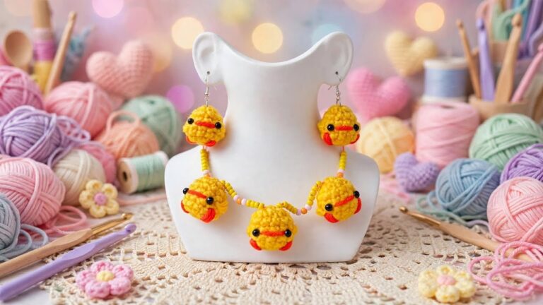 Crochet Duckling Earrings and Beaded Necklace Set