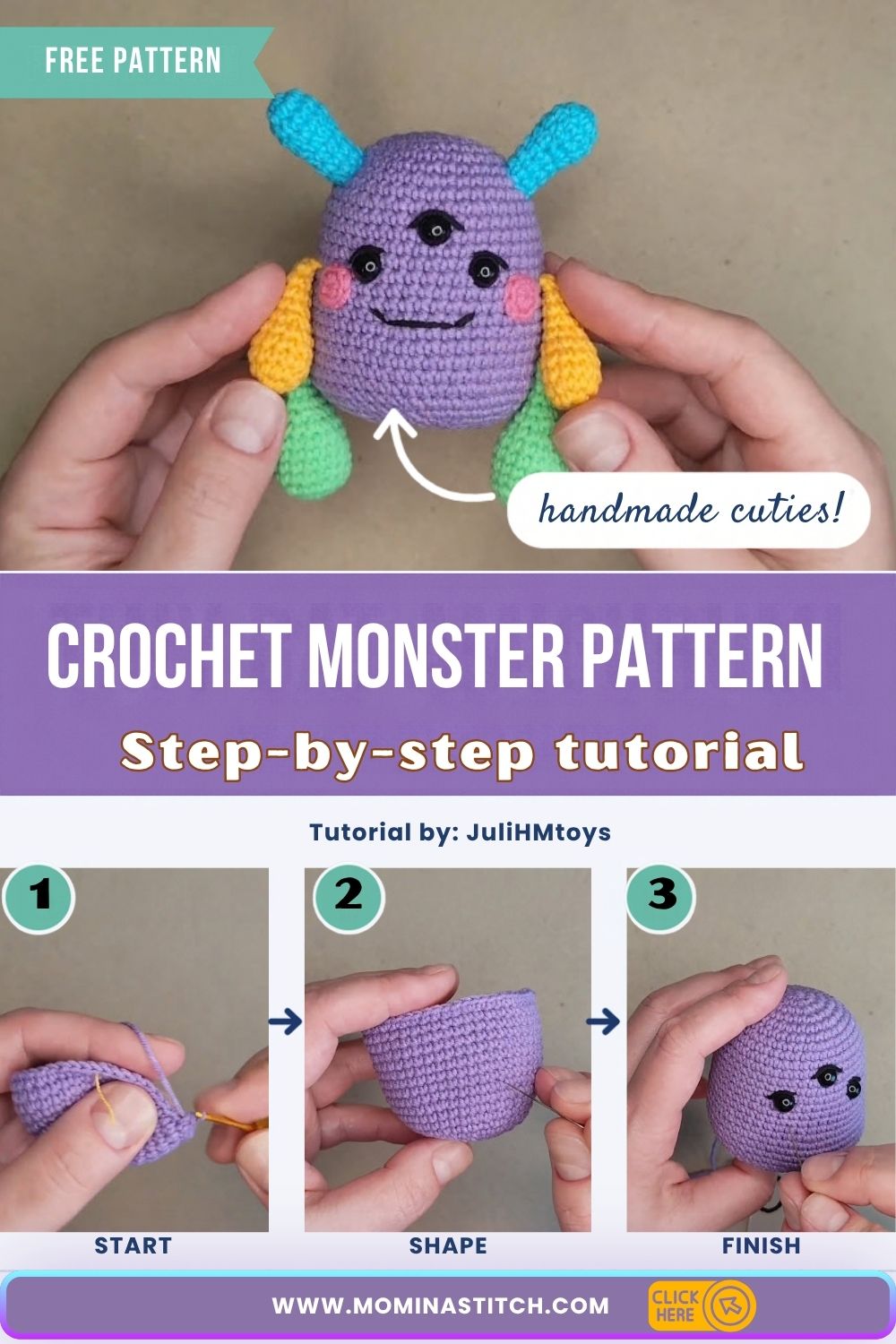 Free crochet monster pattern with three eyes, yellow arms, and green legs.