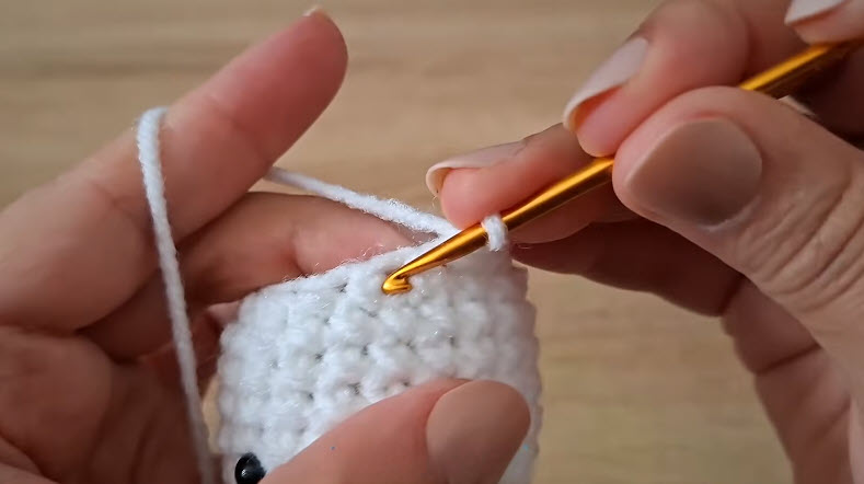 Gold hook working a stitch into white crocheted row.