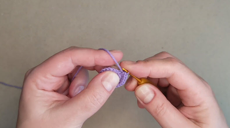 Purple yarn circle worked to 24 stitches with a gold hook.