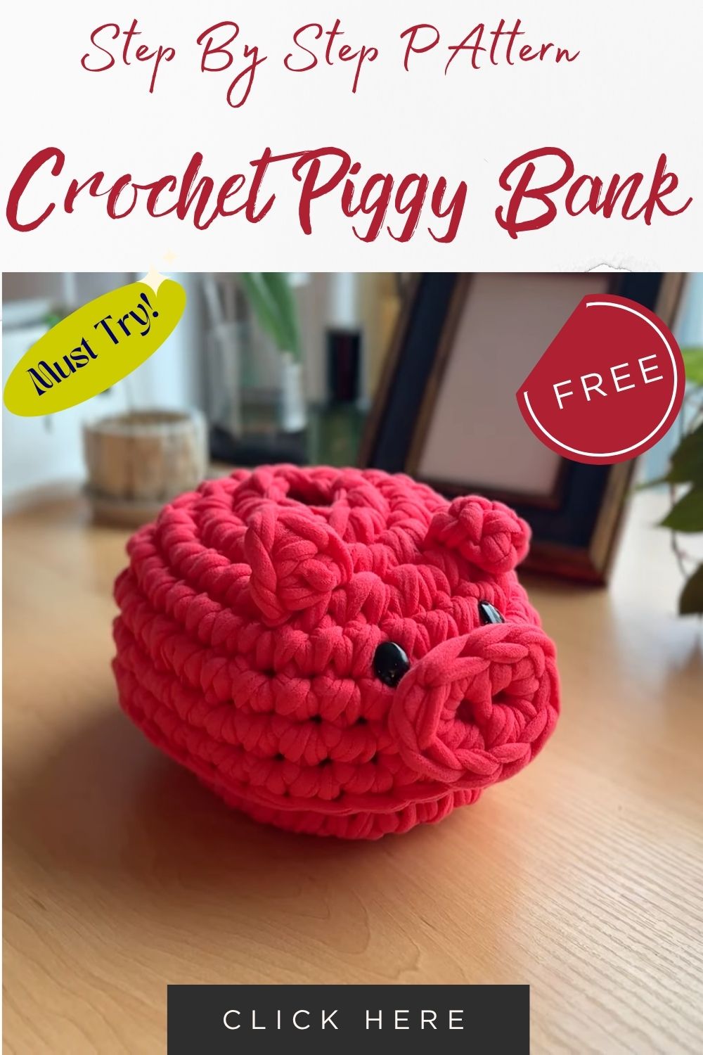 Pink Crochet Piggy Bank Amigurumi Pattern with coin slot