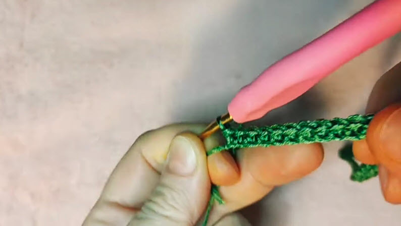 Single crocheting Row 1 into a chain of 40 in green yarn