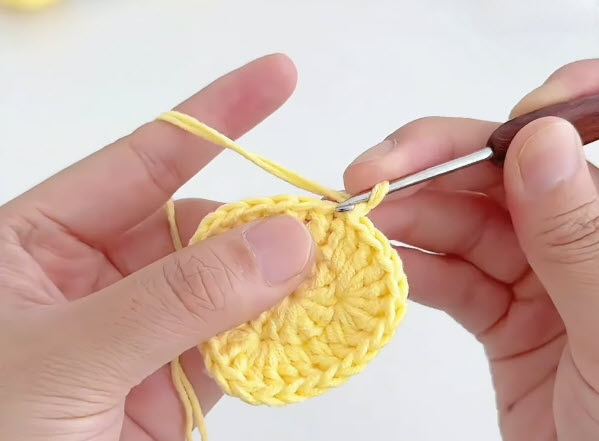 Single crocheting around the yellow amigurumi base.