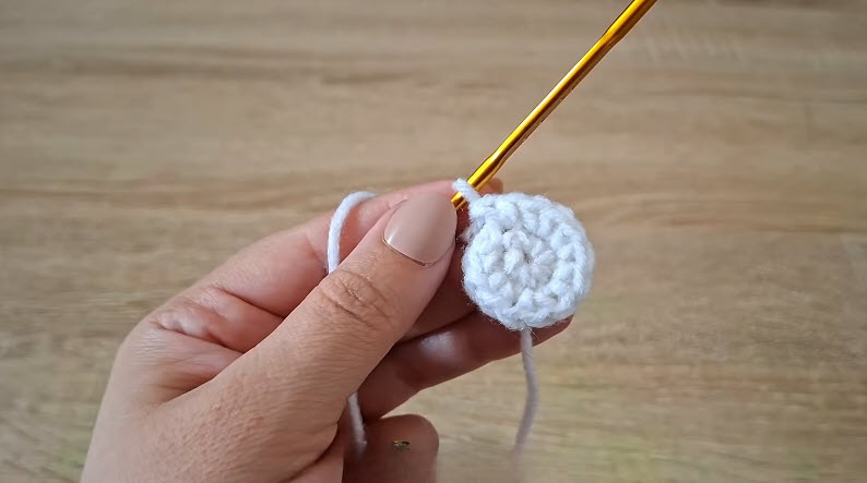 Small white crochet circle held with hook in last stitch.