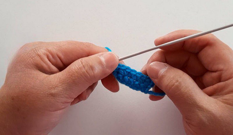 Blue rows growing by one stitch each round.