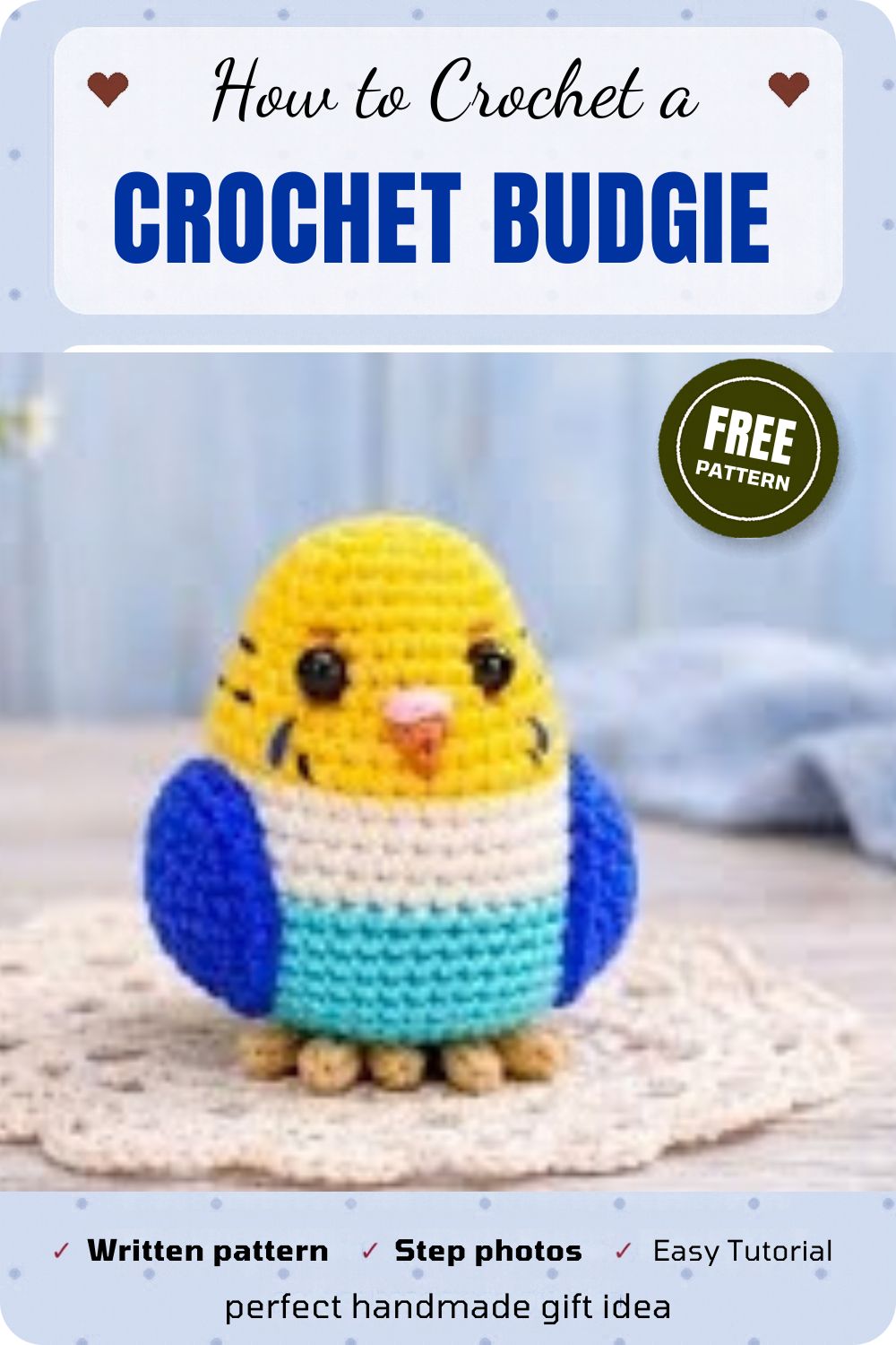 Crochet budgie amigurumi pattern with blue wings finished and perched