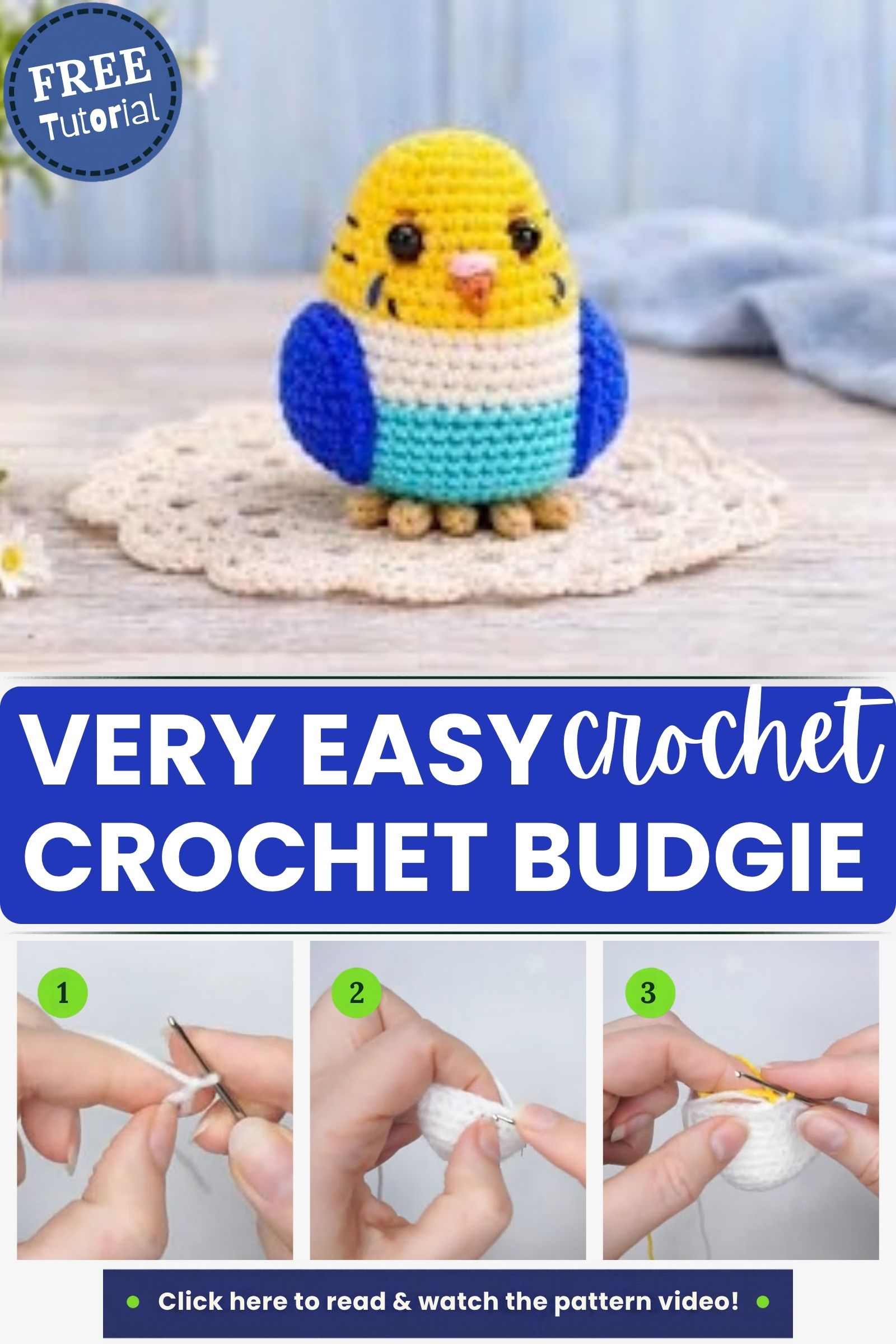 Crochet budgie amigurumi pattern with blue wings