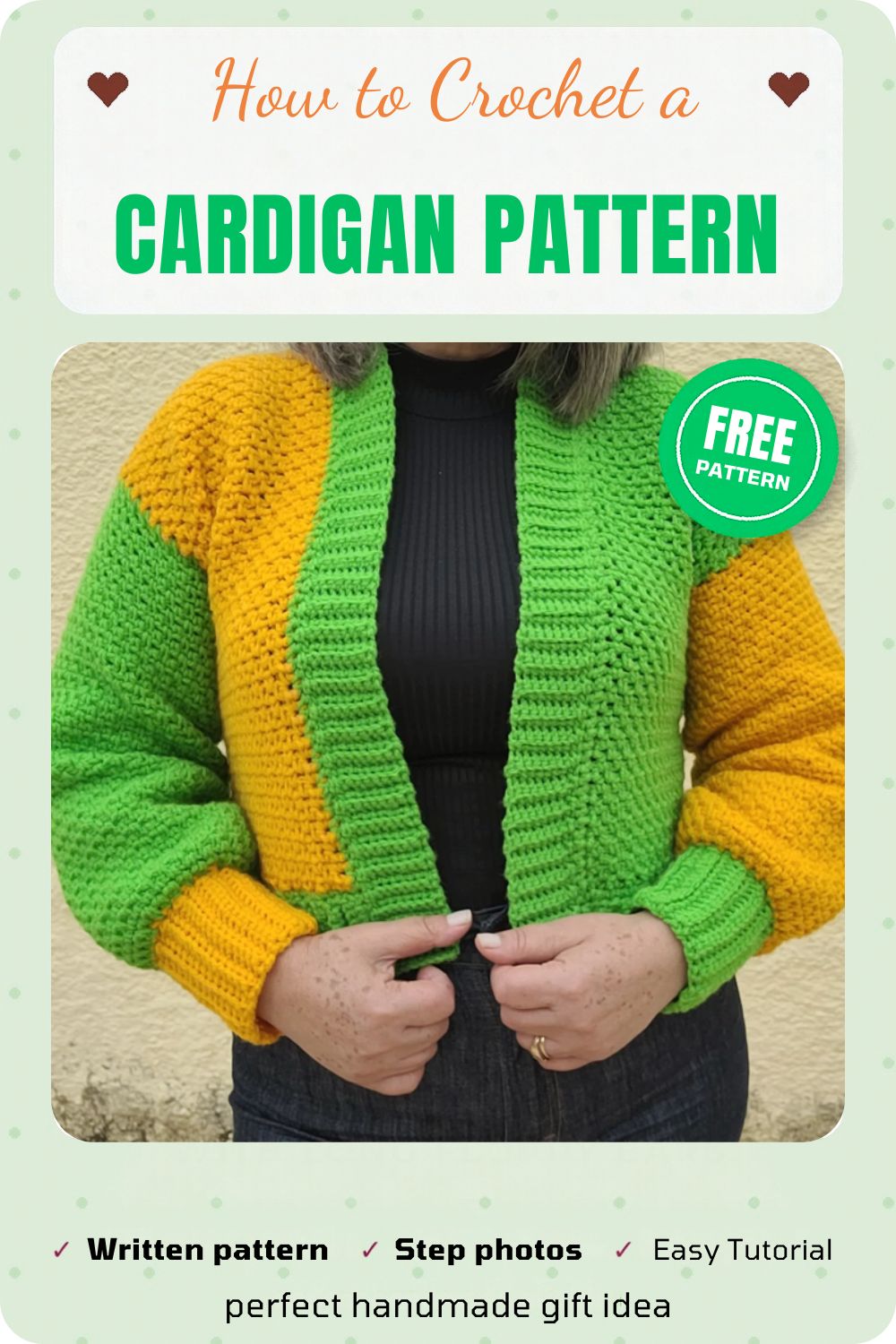 Finished crochet cardigan pattern in green with golden color block sleeves