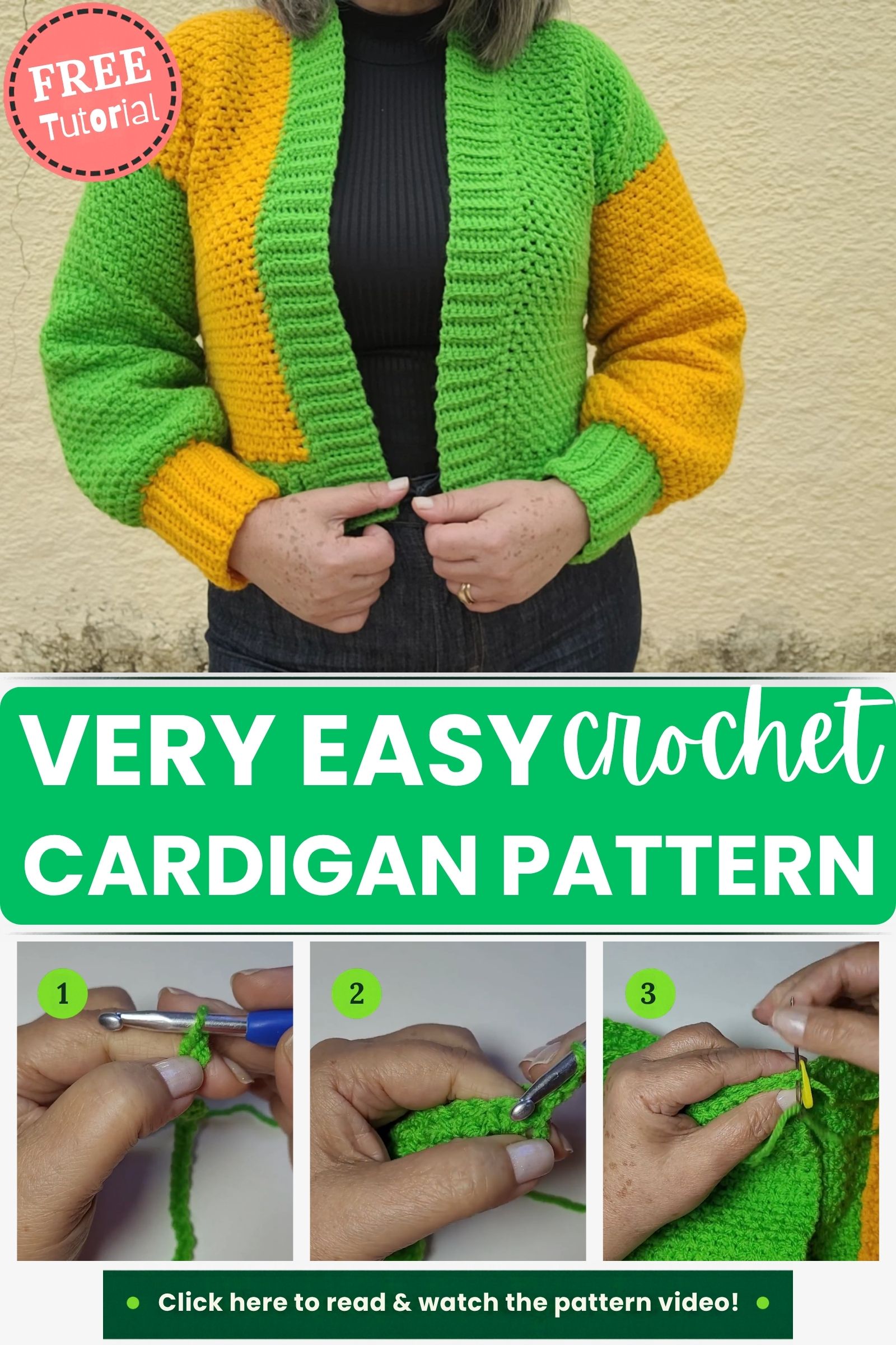 Crochet cardigan pattern with a green body and golden color block sleeves