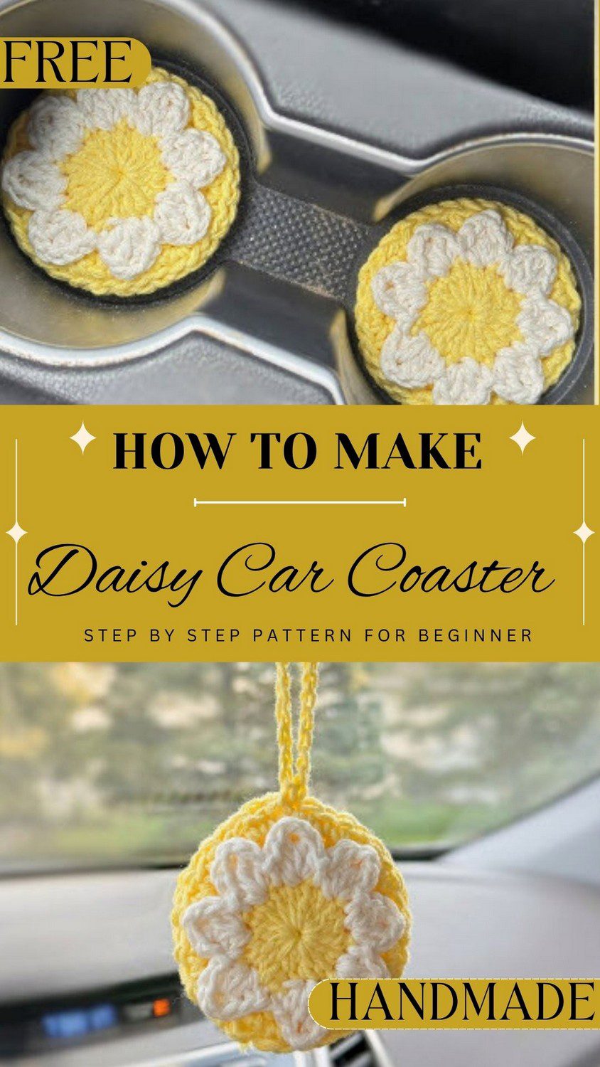 Daisy car coaster crochet pattern with white petals and a hanger set