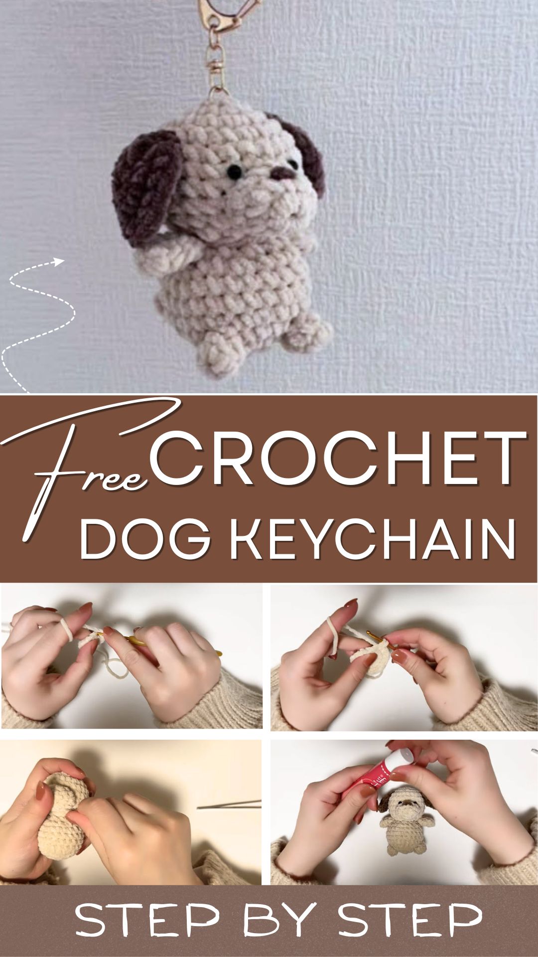 Crochet dog keychain pattern puppy with chubby cheeks and floppy brown ears