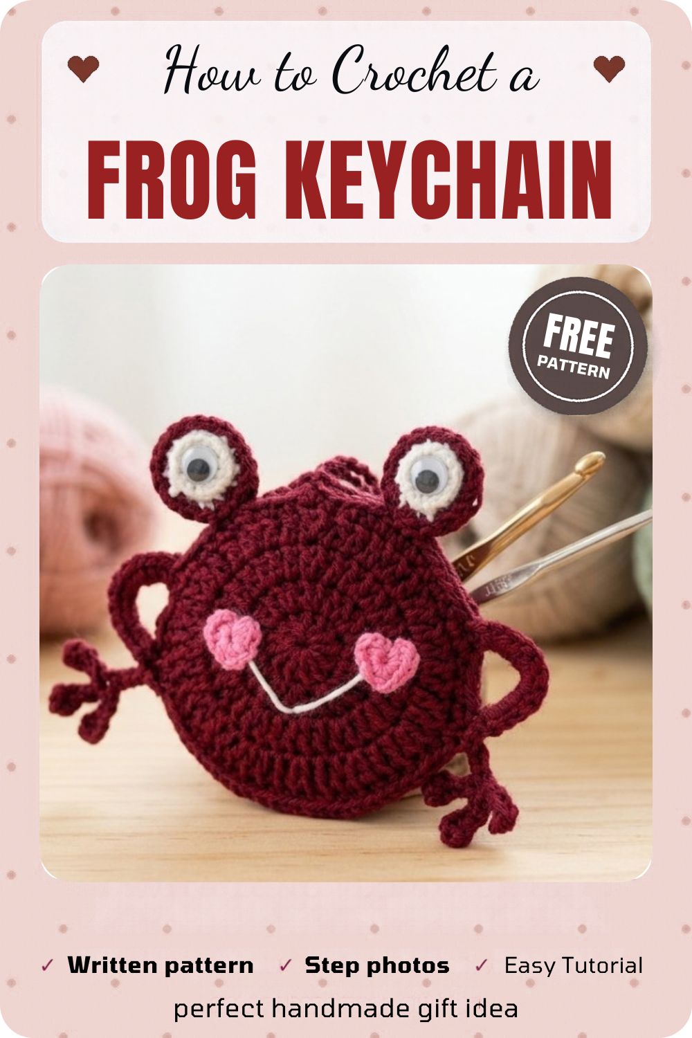 Crochet Frog Keychain Pattern With Heart Cheeks