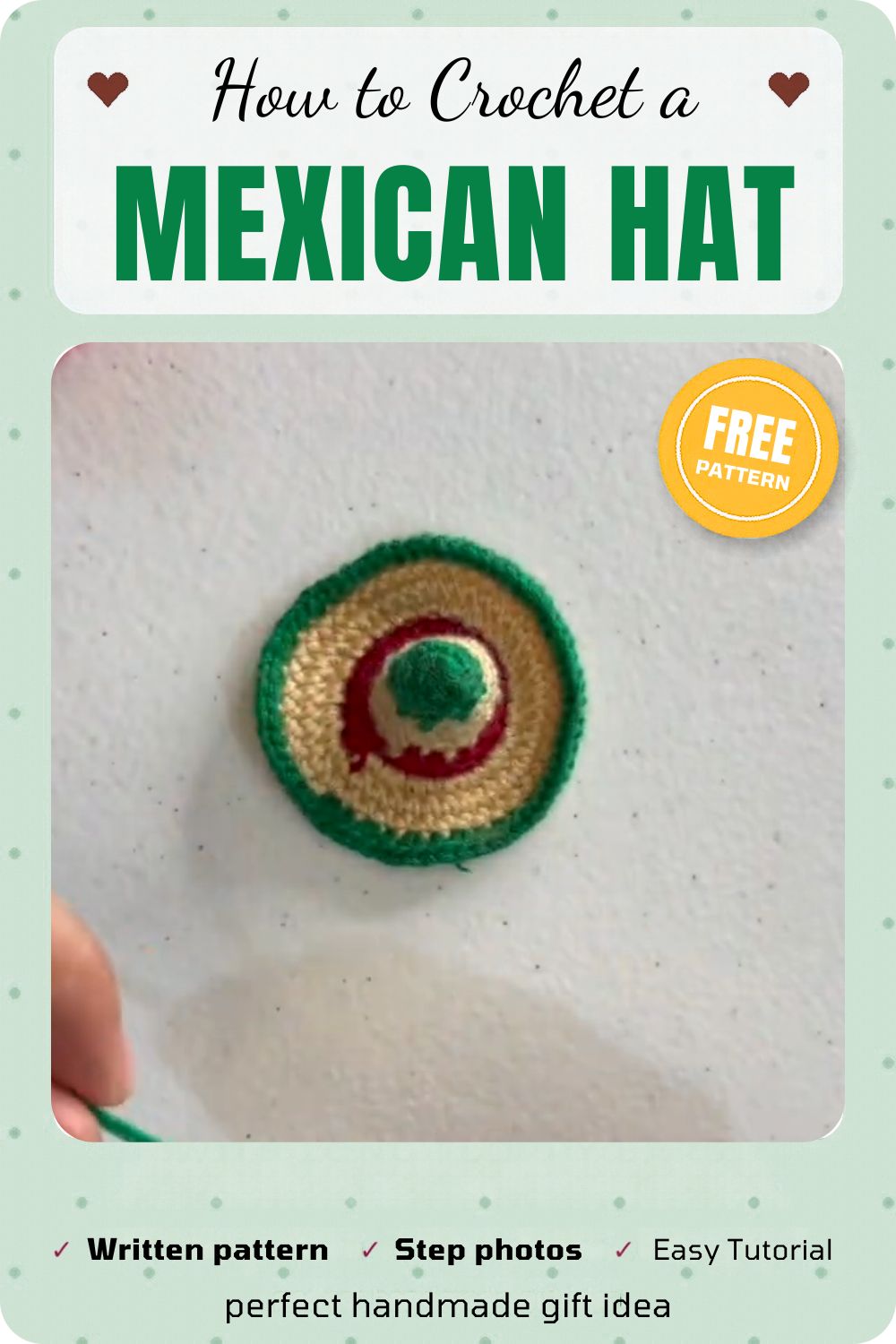 Finished crochet Mexican hat sombrero in green, cream, and red