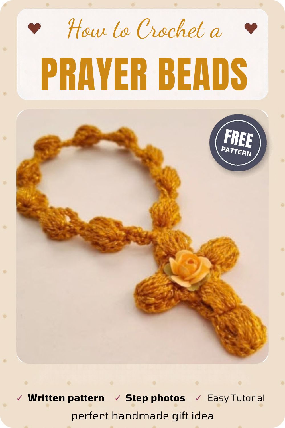 Handmade crochet prayer beads with a cross pendant in metallic gray