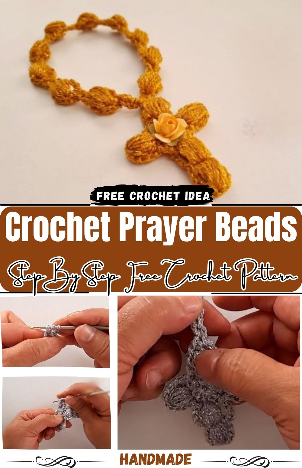 Crochet prayer beads pattern with cross pendant in gray metallic yarn