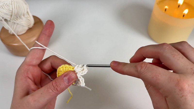 White petals around the yellow center of the daisy car coaster crochet