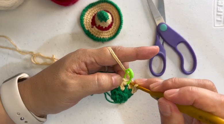 First green rounds worked with a stitch marker