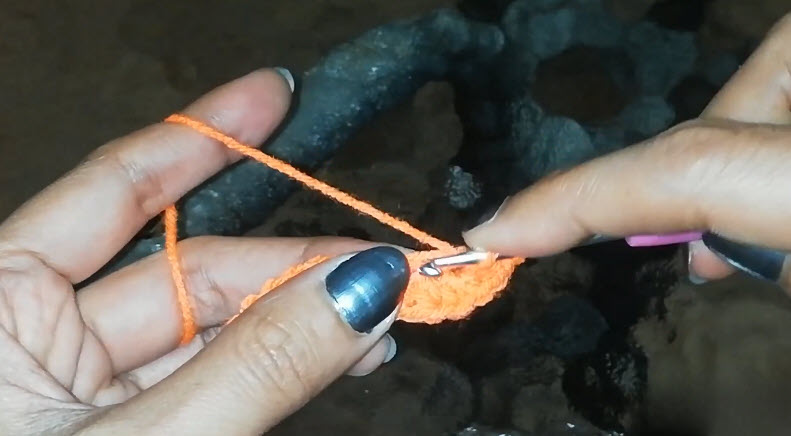 Working the first row of stitches with the hook.
