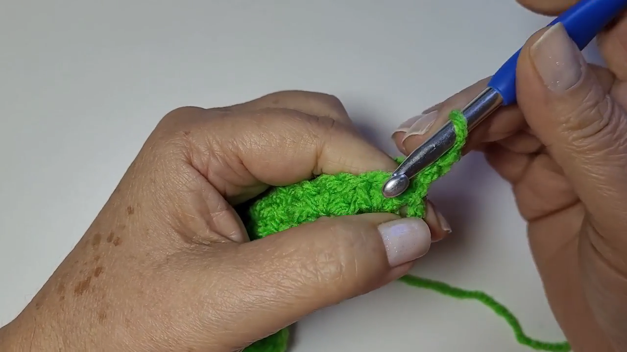 Working the first rows of green textured stitches with the hook